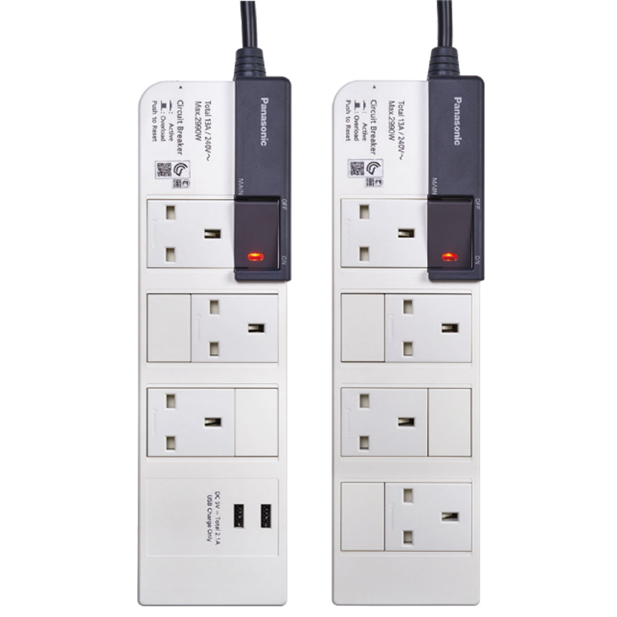 Two designs of Panasonic Extension Cords One with three sockets and two usb ports. Another model with four BS-flat pin sockets