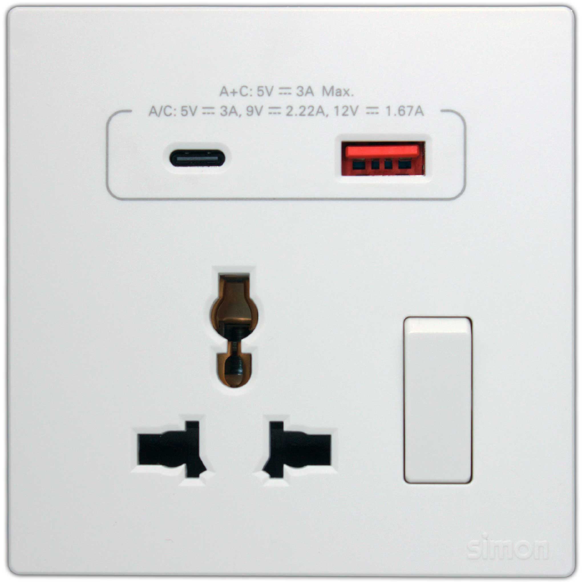 Multi Socket Switched with USB A+C Chargers M3-White