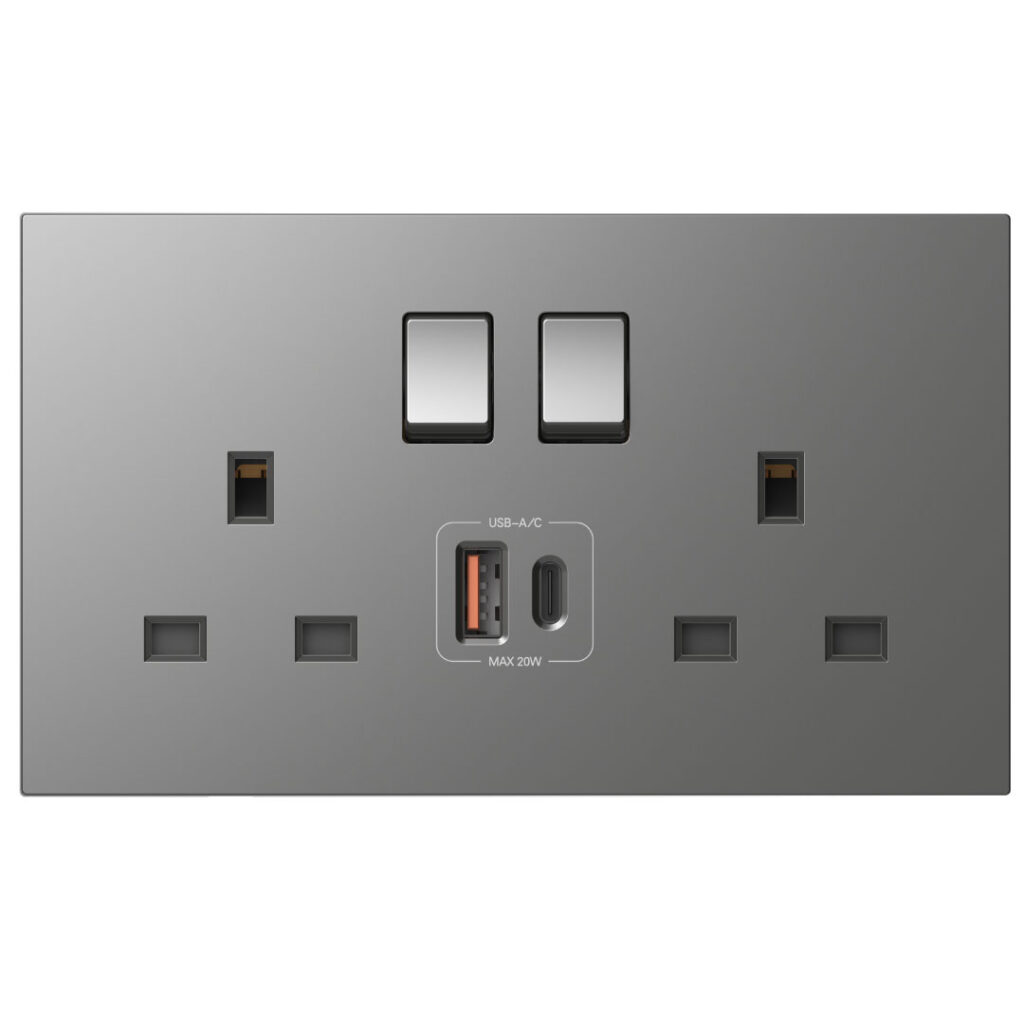 2G BS Switched Socket with USB A+C Chargers M7-Grey - Ecolux